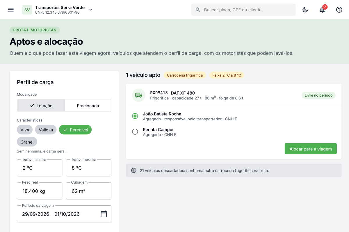 App de gestão, Aptos e alocação: para a carga perecível de 2 °C a 8 °C, o único veículo apto, um DAF XF 480 frigorífico, e os motoristas que podem levá-lo.
